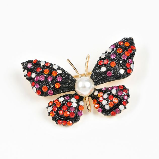 Brosa martisor fluture negru cu pietre rosii