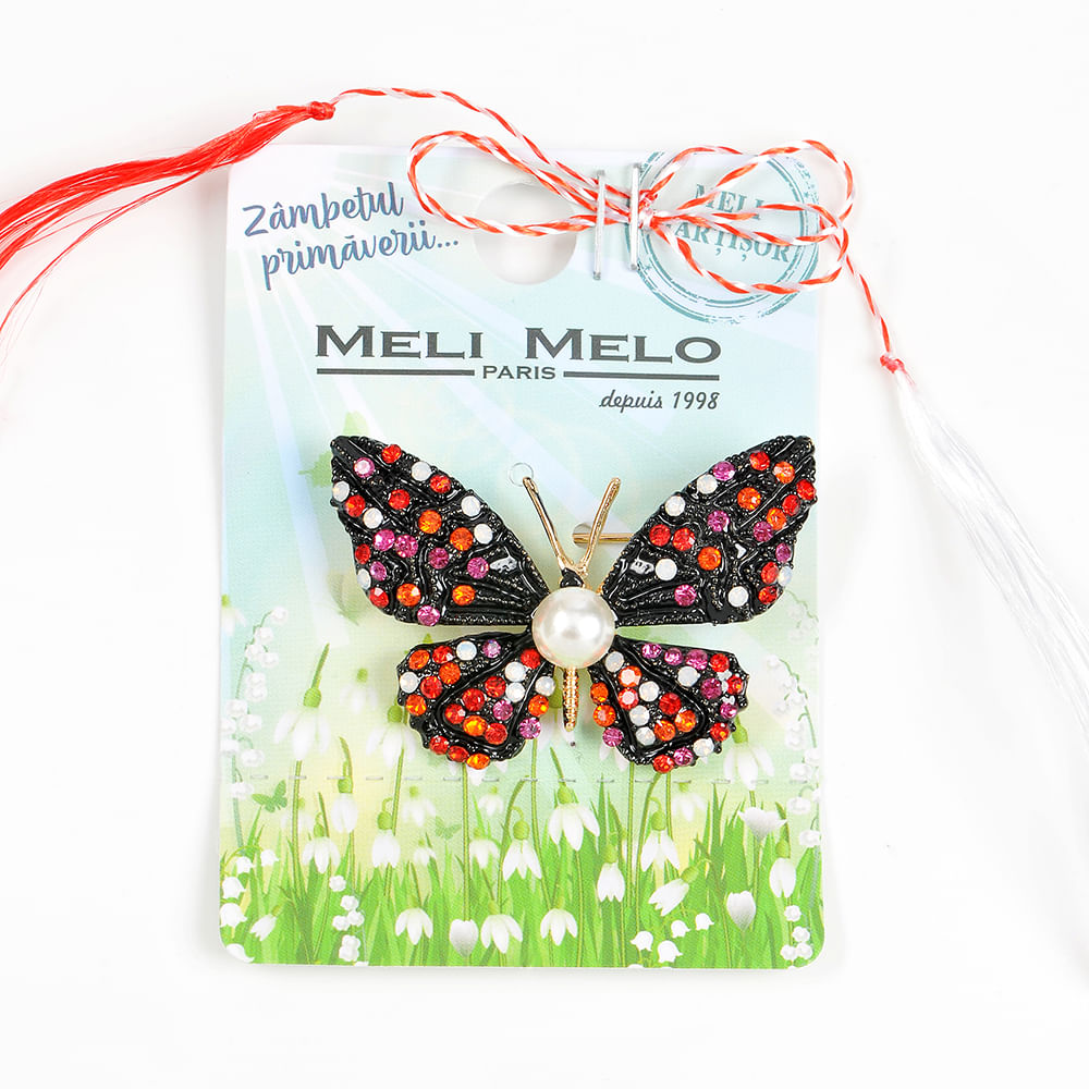 Brosa martisor fluture negru cu pietre rosii - 1 | YEO