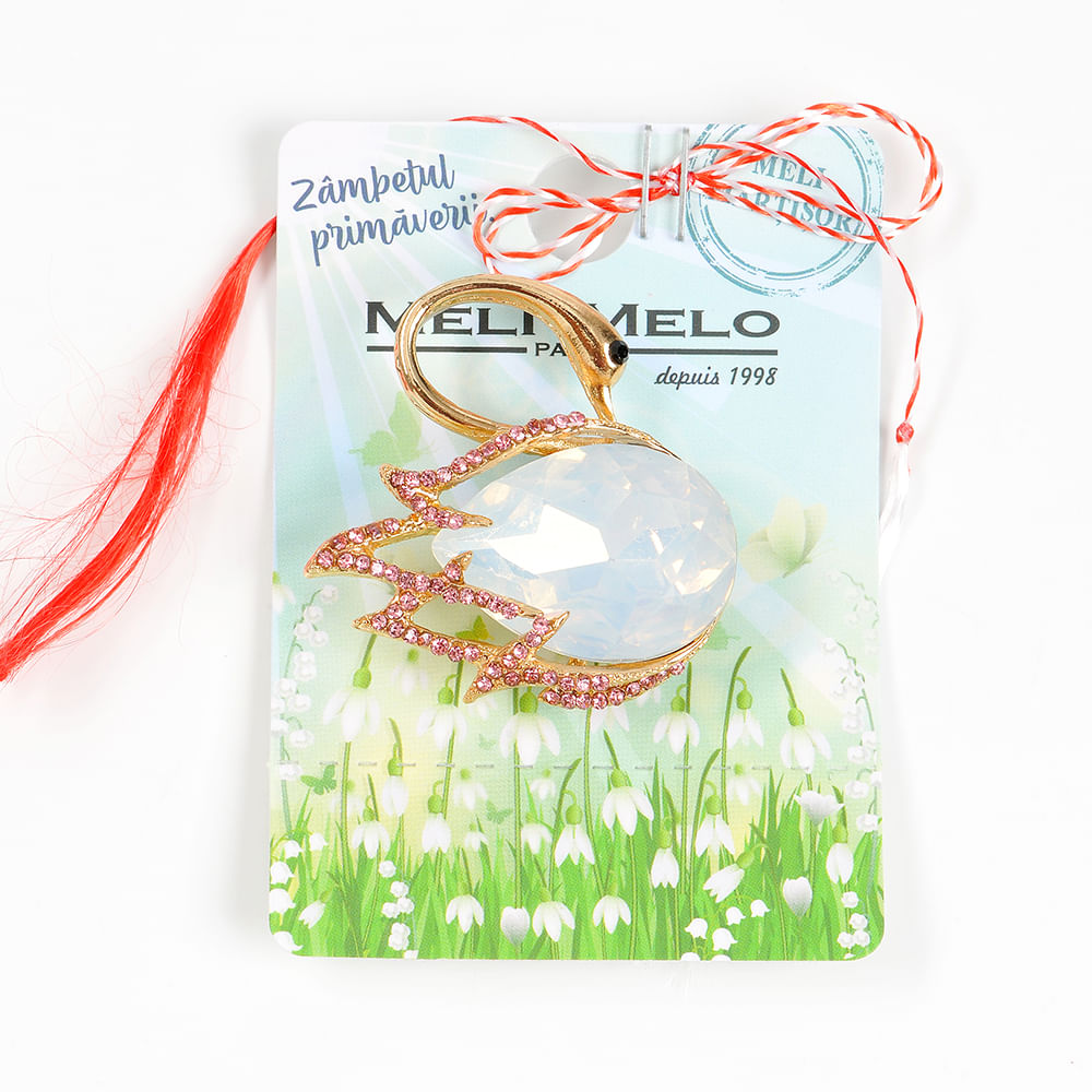 Brosa martisor lebada cu pietre roz - 1 | YEO