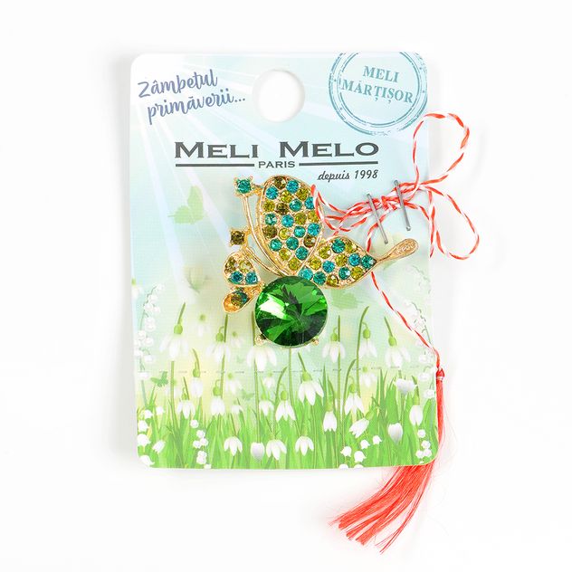 Brosa martisor fluture auriu cu pietre verzi