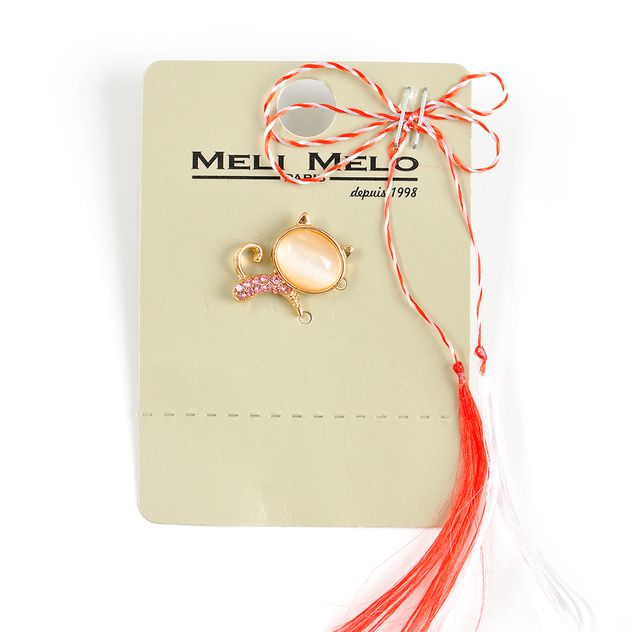Brosa martisor pisica aurie cu pietre roz