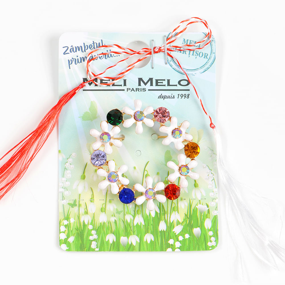 Brosa martisor coronita cu pietre multicolore si flori albe - 1 | YEO