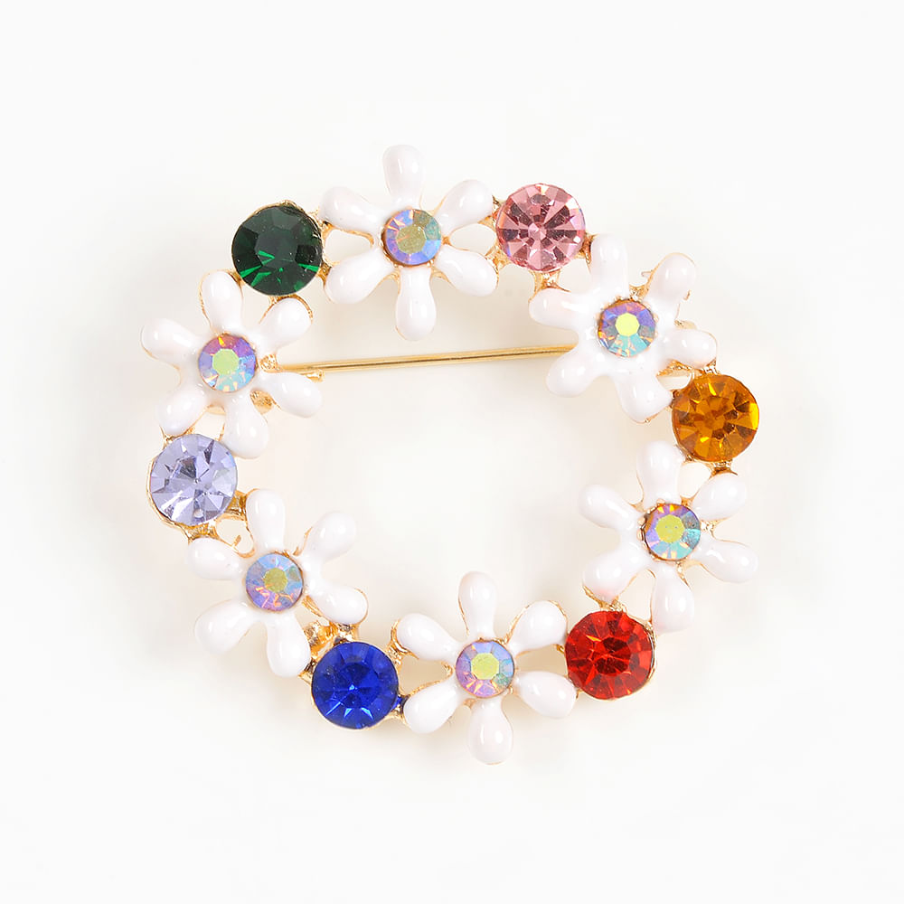 Brosa martisor coronita cu pietre multicolore si flori albe - 2 | YEO