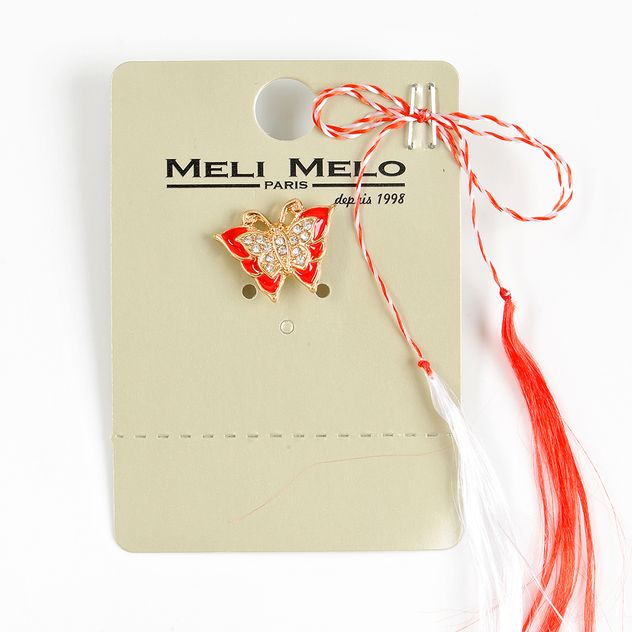 Brosa martisor fluture rosu cu pietre albe