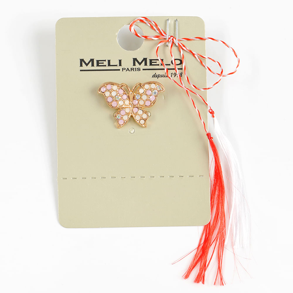 Brosa martisor fluture cu pietre albe si roz - 1 | YEO