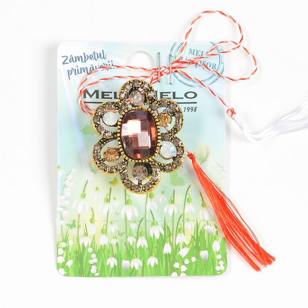 Brosa martisor floare vintage cu piatra maro