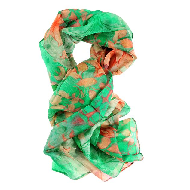 Esarfa matase verde cu flori portocalii 180 x 50 cm