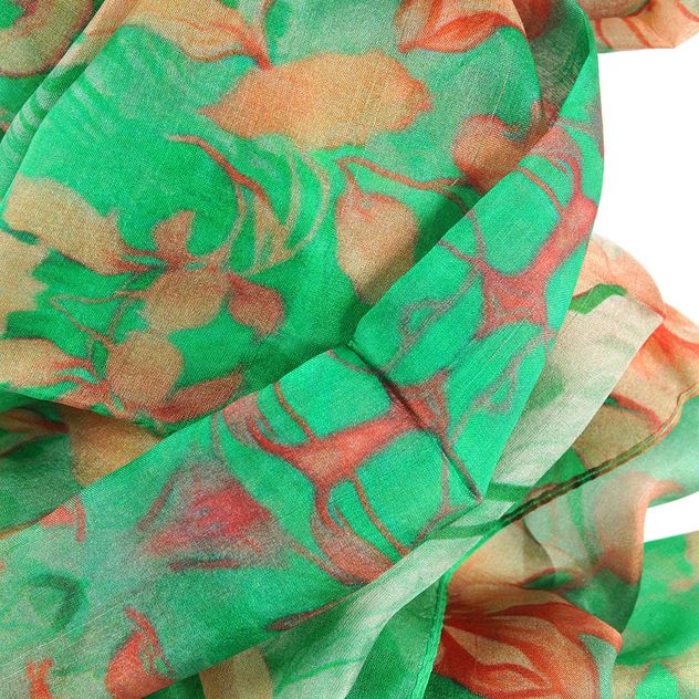 Esarfa matase verde cu flori portocalii 180 x 50 cm
