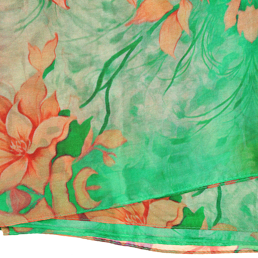 Esarfa matase verde cu flori portocalii 180 x 50 cm - 2 | YEO