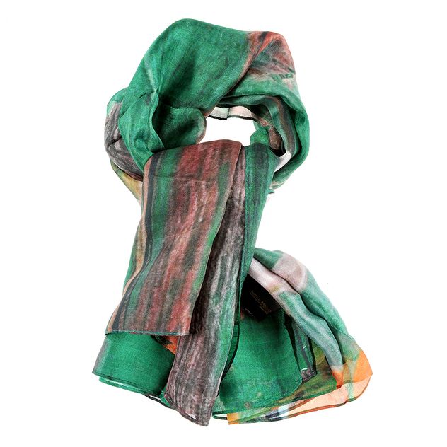 Esarfa matase verde cu flori albe 100 x 100 cm