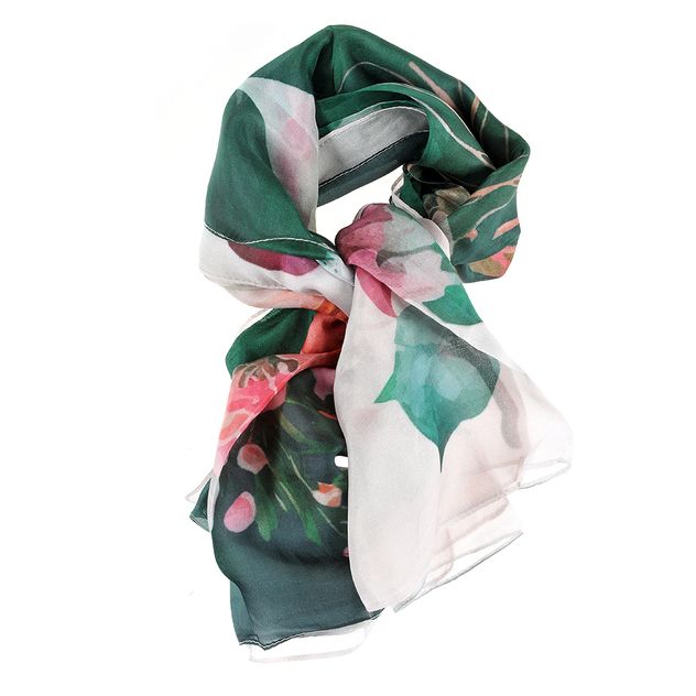 Esarfa matase verde cu flori roz 100 x 100 cm