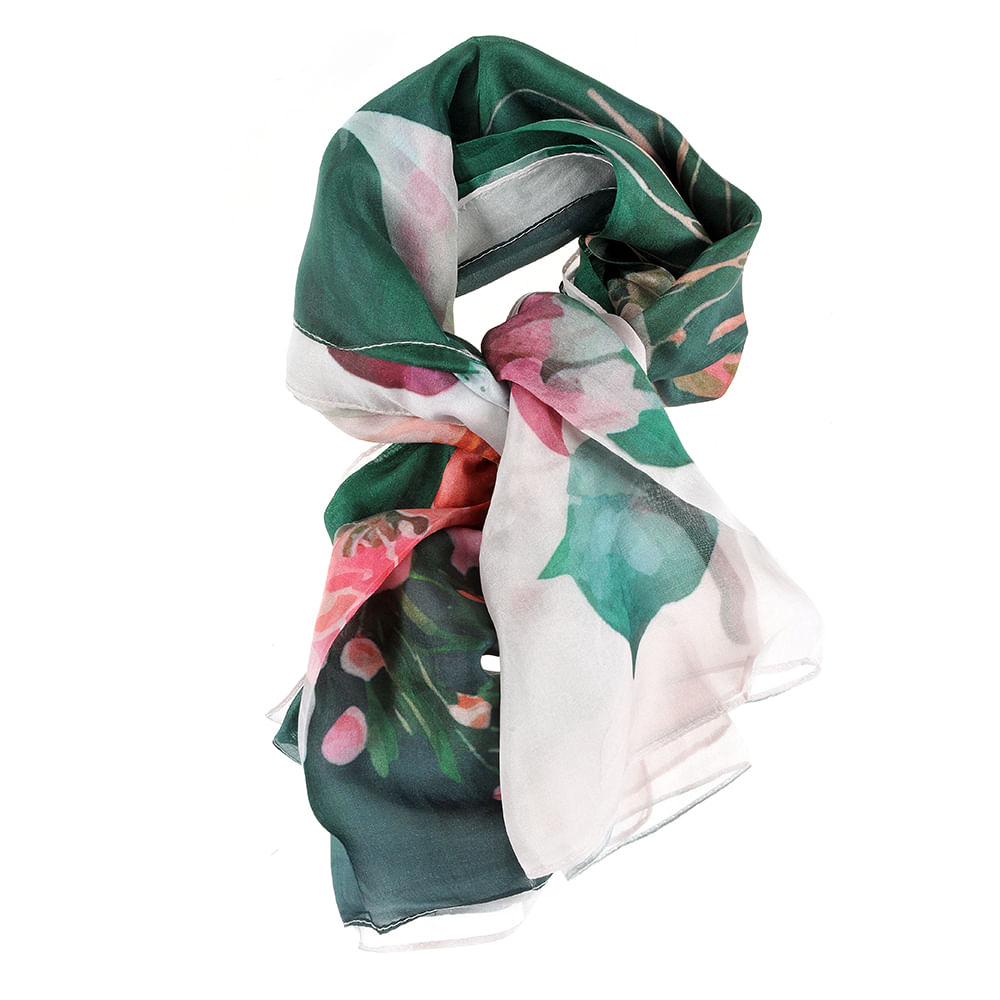 Esarfa matase verde cu flori roz 100 x 100 cm