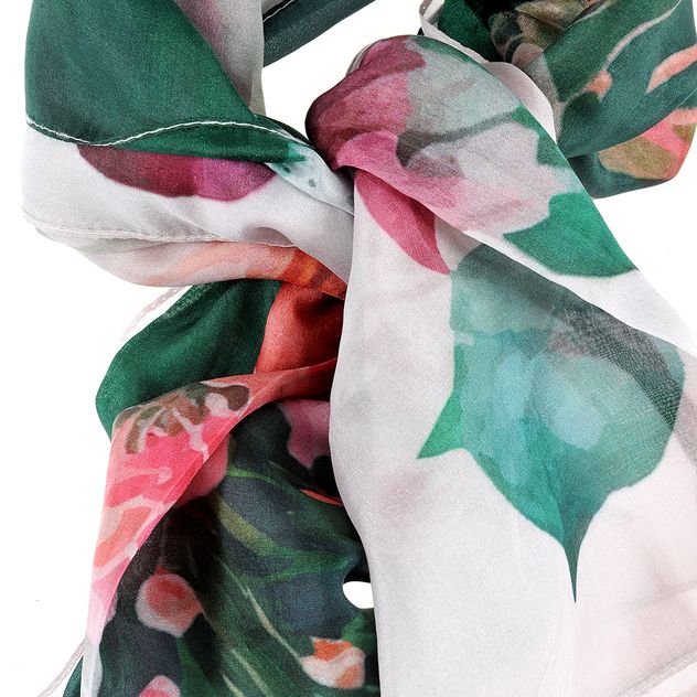 Esarfa matase verde cu flori roz 100 x 100 cm