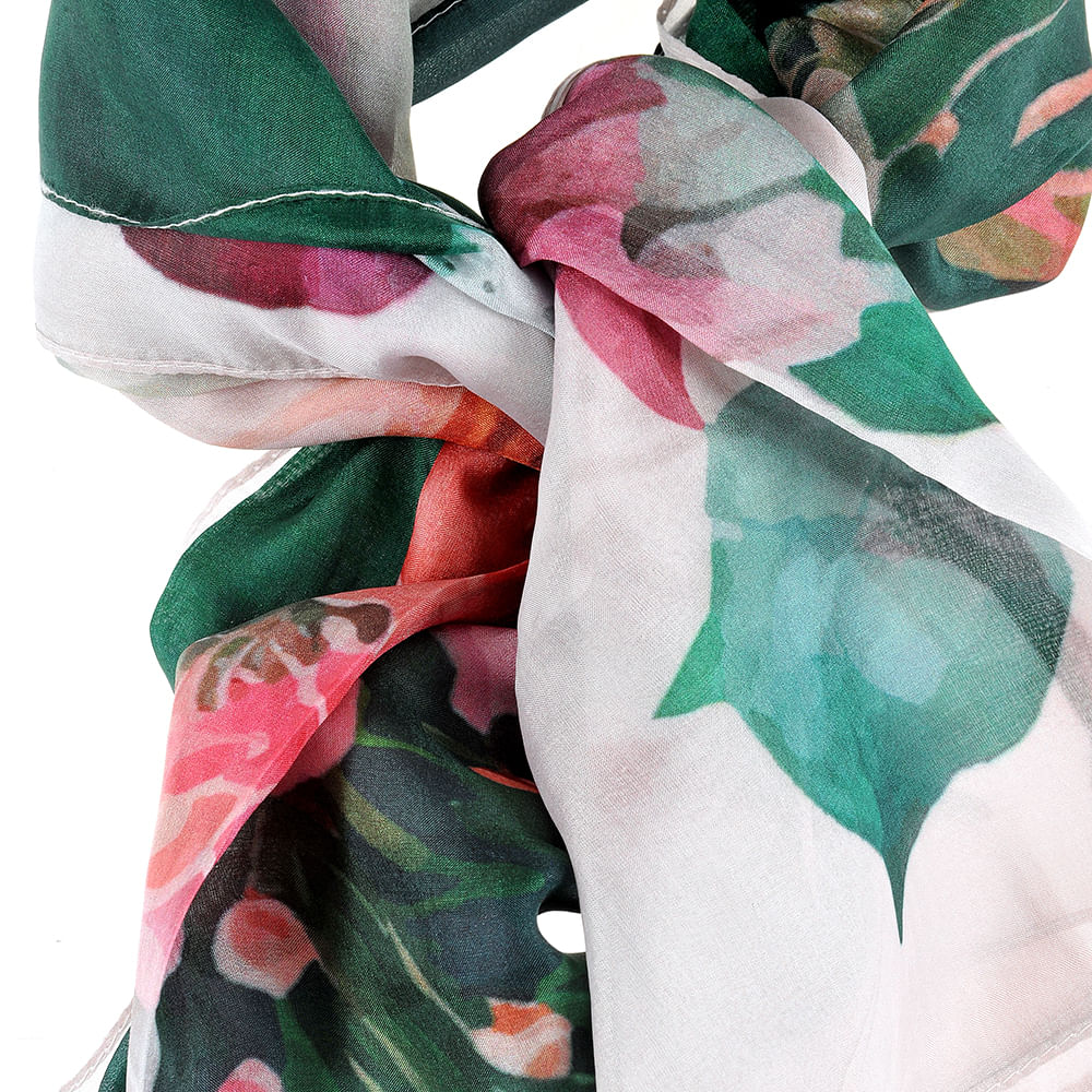 Esarfa matase verde cu flori roz 100 x 100 cm - 1 | YEO