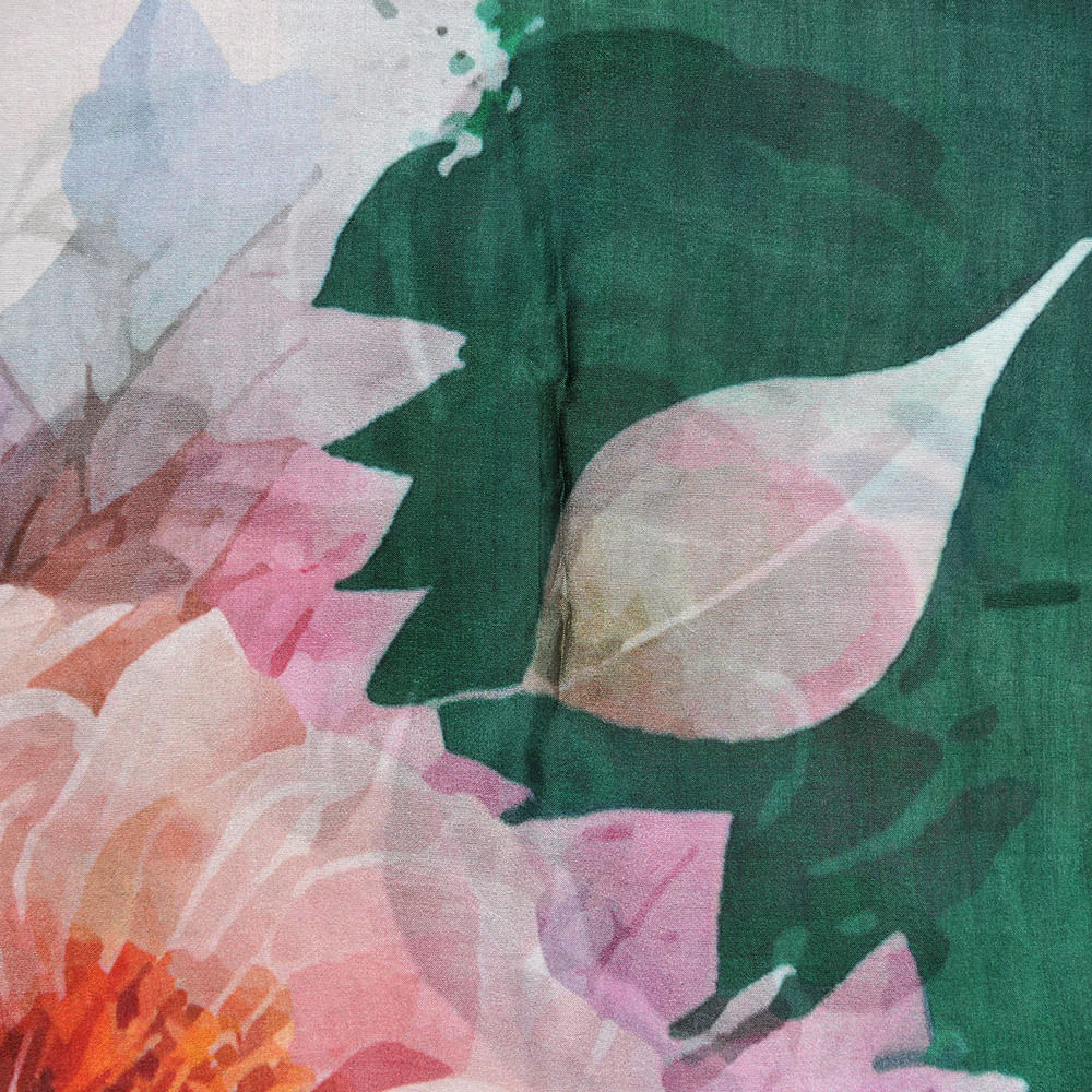 Esarfa matase verde cu flori roz 100 x 100 cm - 2 | YEO