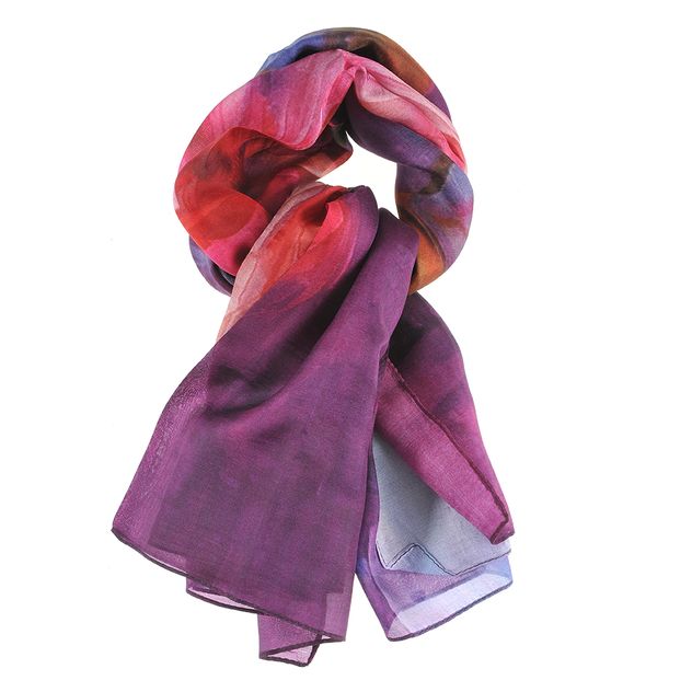 Esarfa matase mov cu flori roz 100 x 100 cm