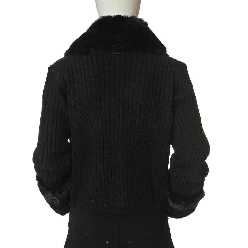 Pulover negru cu guler si mansete din blana, detasabile - 2 | YEO