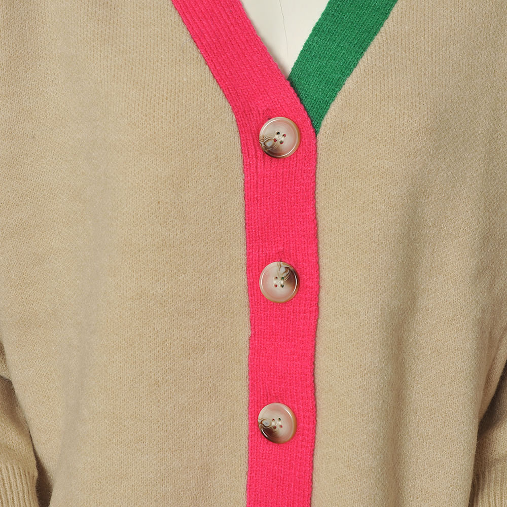 Pulover maro cu insertii roz si verde - 1 | YEO