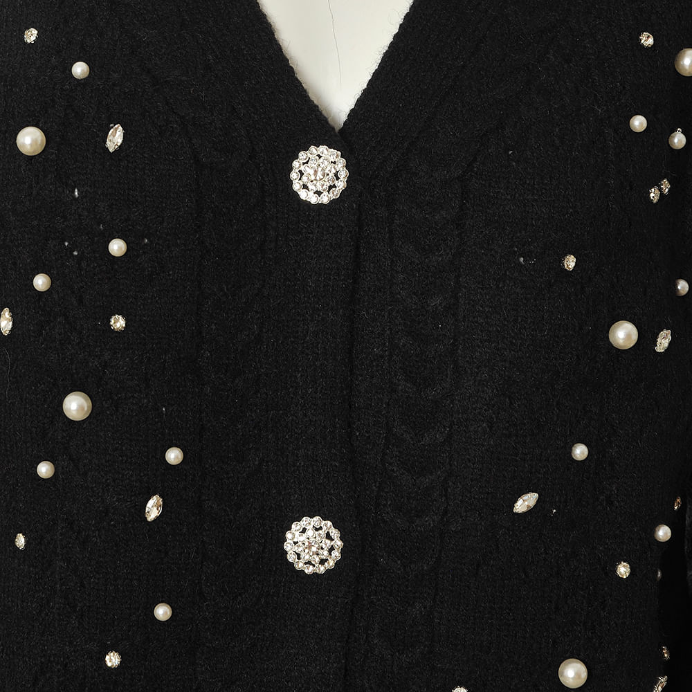 Pulover negru cu perle aplicate - 1 | YEO