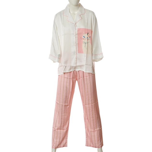 Pijama cu maneci lungi cu imprimeu pisica