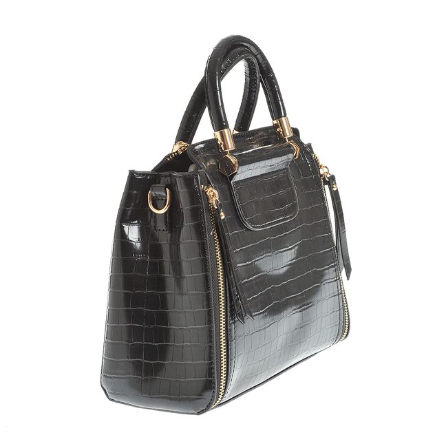Geanta neagra cu manere fixe si fermoare decorative