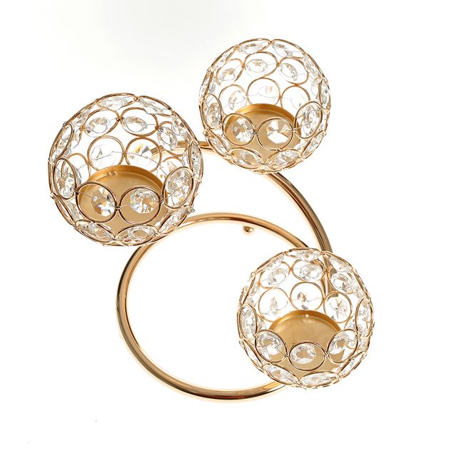Suport triplu lumanari din metal auriu cu cristale decorative