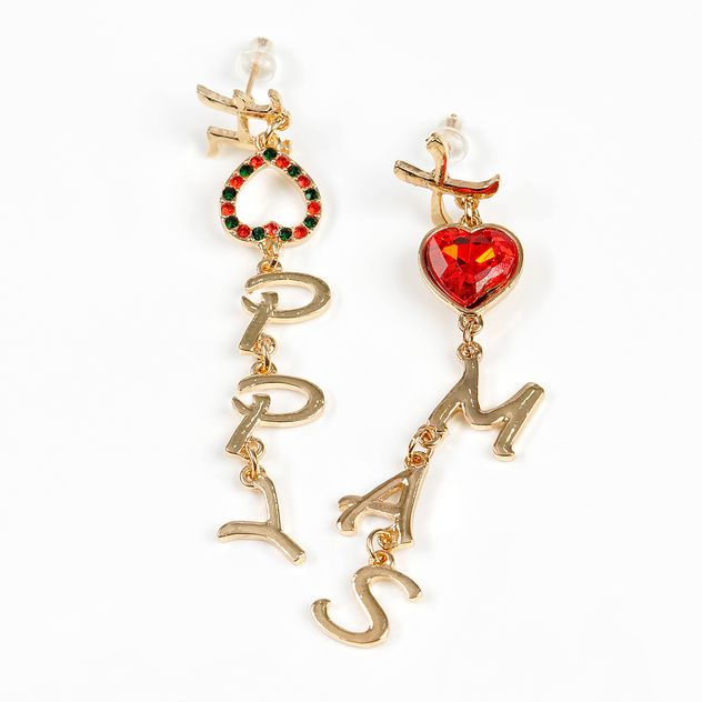 Cercei asimetrici “MERRY XMAS” cu inima rosie si accente aurii