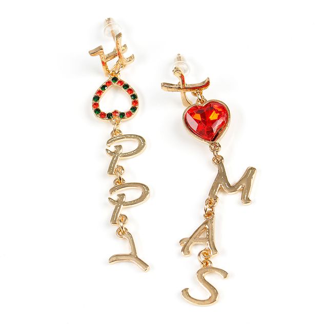 Cercei asimetrici “MERRY XMAS” cu inima rosie si accente aurii