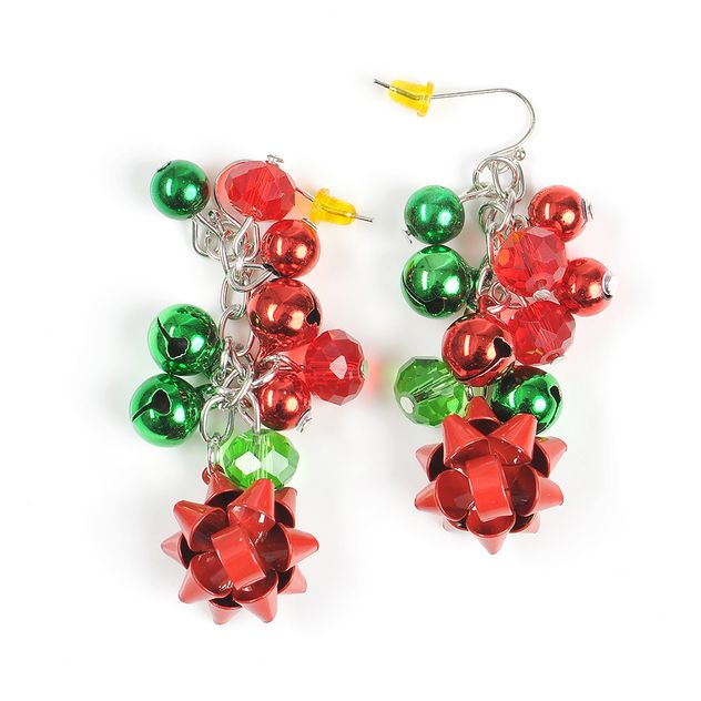 Cercei lungi cu fundita rosie, margele si clopotei festivi