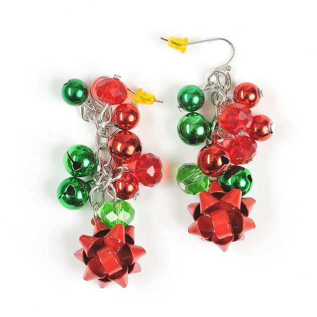 Cercei lungi cu fundita rosie, margele si clopotei festivi