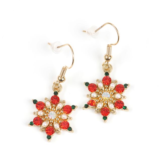 Cercei fulg de nea cu cristale rosii, perle si accente verzi