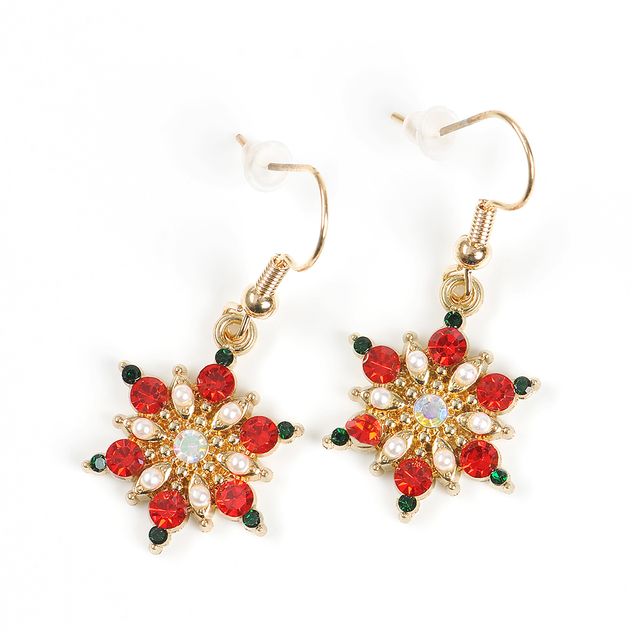 Cercei fulg de nea cu cristale rosii, perle si accente verzi