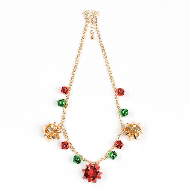 Colier auriu cu fundite cadou si clopotei rosii-verzi