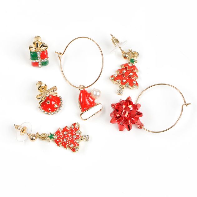 Set 3 cercei Craciun cu brad, fundita, glob si caciulita rosie