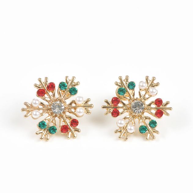 Cercei floare de gheata cu cristale rosii, verzi si perle albe