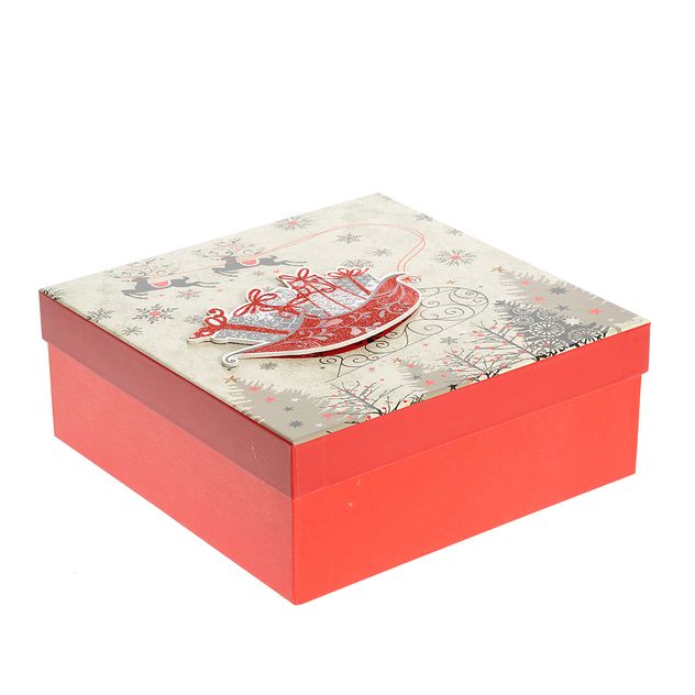 Cutie cadou Craciun cu sanie si reni decorativi 28 cm