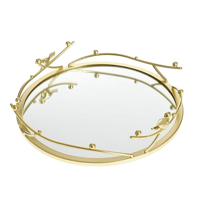 Tava decorativa cu pasari metalice si oglinda 30 cm