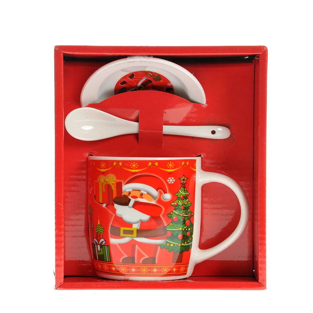 Cana 400 ml cu lingurita si farfurie, model craciun