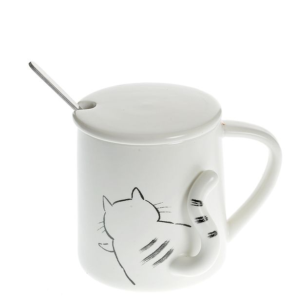 Cana din ceramica cu model pisica si lingurita 350 ml