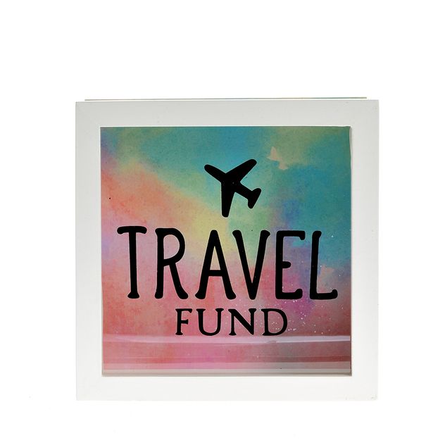 Pusculita decorativa Travel Fund cu rama alba si fundal multicolor