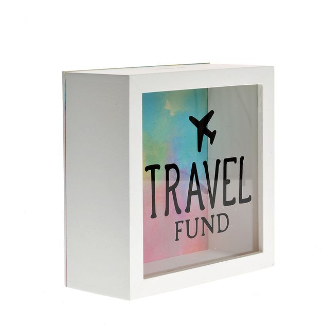 Pusculita decorativa Travel Fund cu rama alba si fundal multicolor