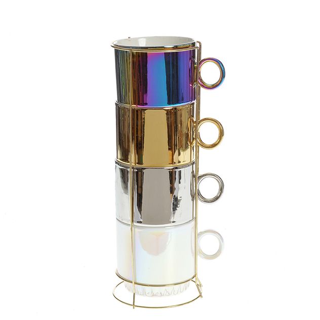Set 4 cesti ceramice cu suport metalic cu aspect metalizat