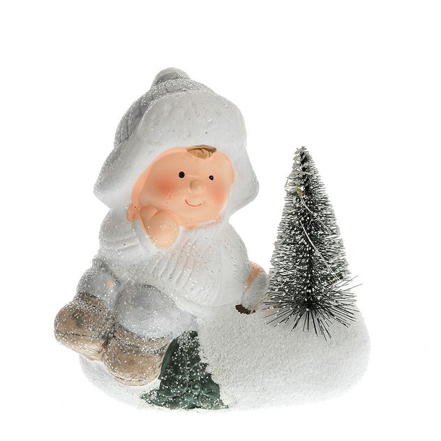 Decoratiune de Craciun cu copil in zapada si mini brad