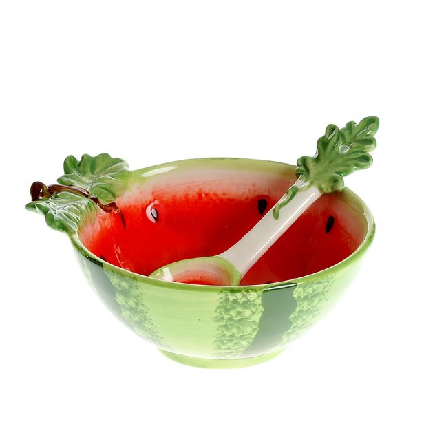 Bol ceramic cu lingurita, design pepene verde