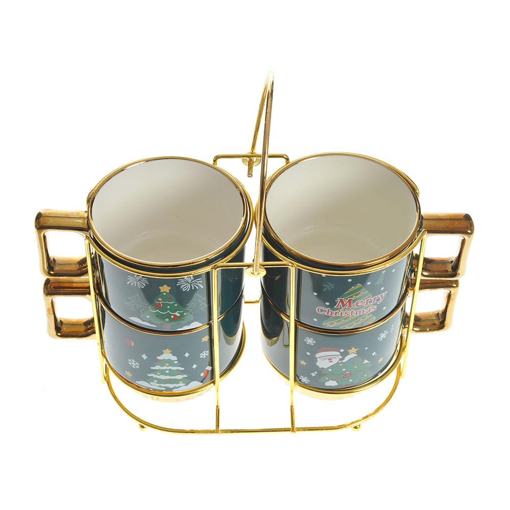 Set 4 cani 350 ml model craciun  cu suport metalic auriu - 2 | YEO