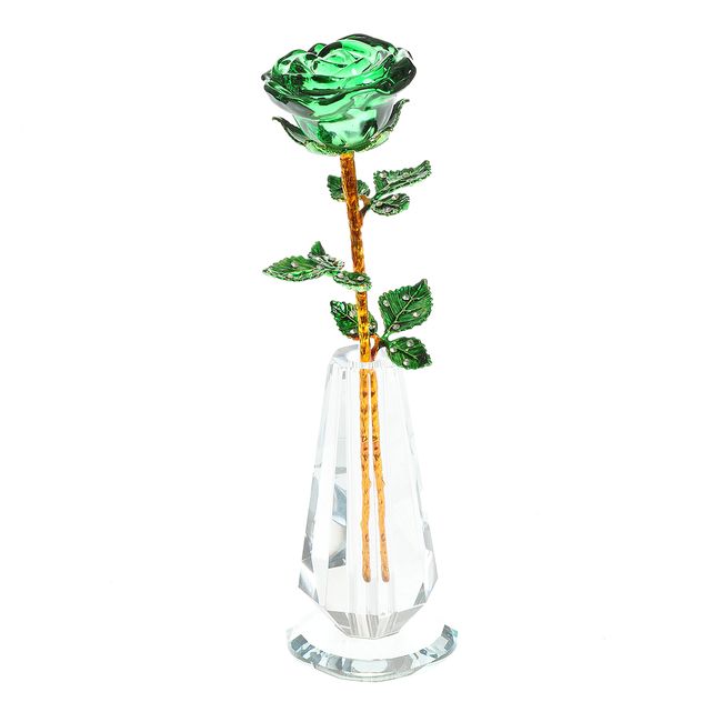 Trandafir decorativ verde din cristal cu suport transparent 26 cm