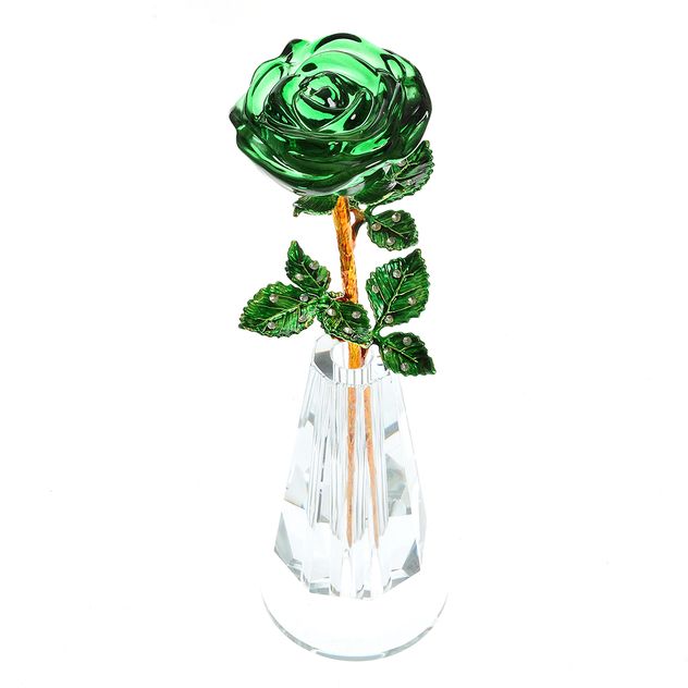 Trandafir decorativ verde din cristal cu suport transparent 26 cm