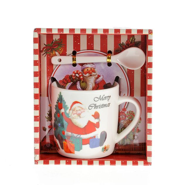 Cana alba cu lingurita imprimeu Mos Craciun 200 ml