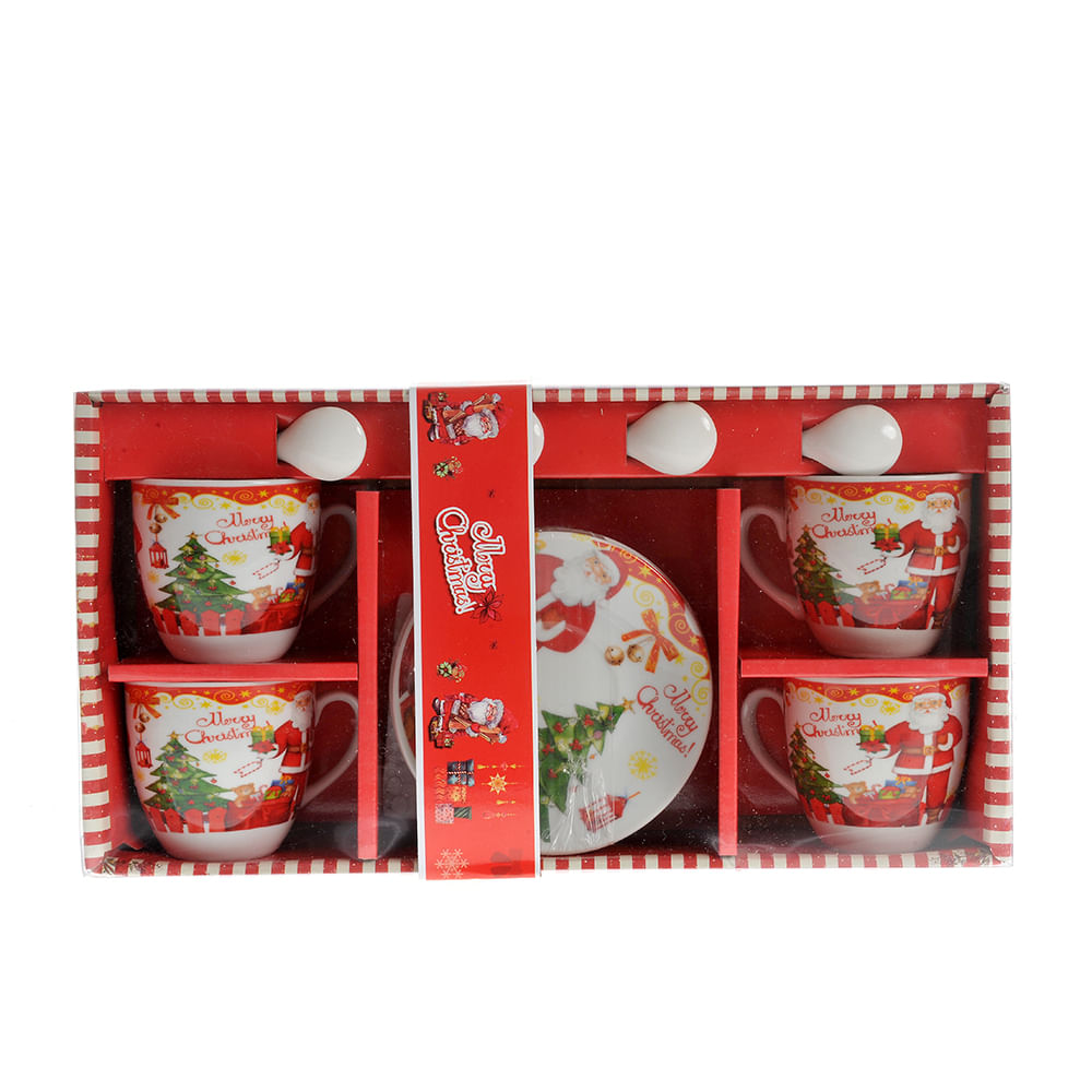 Set 4 cani Craciun cu lingurite si farfurie cadou