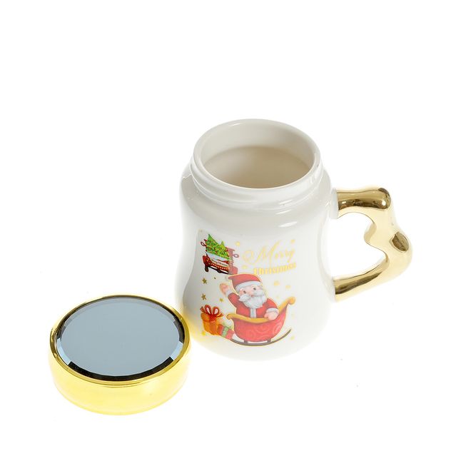 Cana ceramica cu Mos Craciun, capac si toarta aurie